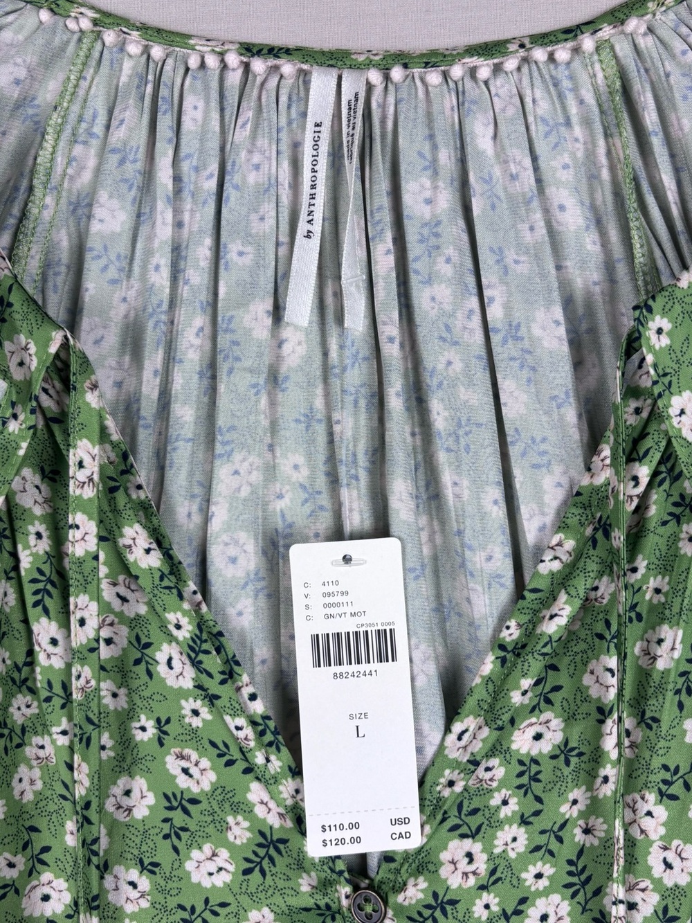 Anthropologie Floral Peasant Blouse Green Boho Tie Neck Long Sleeve NWT L - Picture 4 of 5